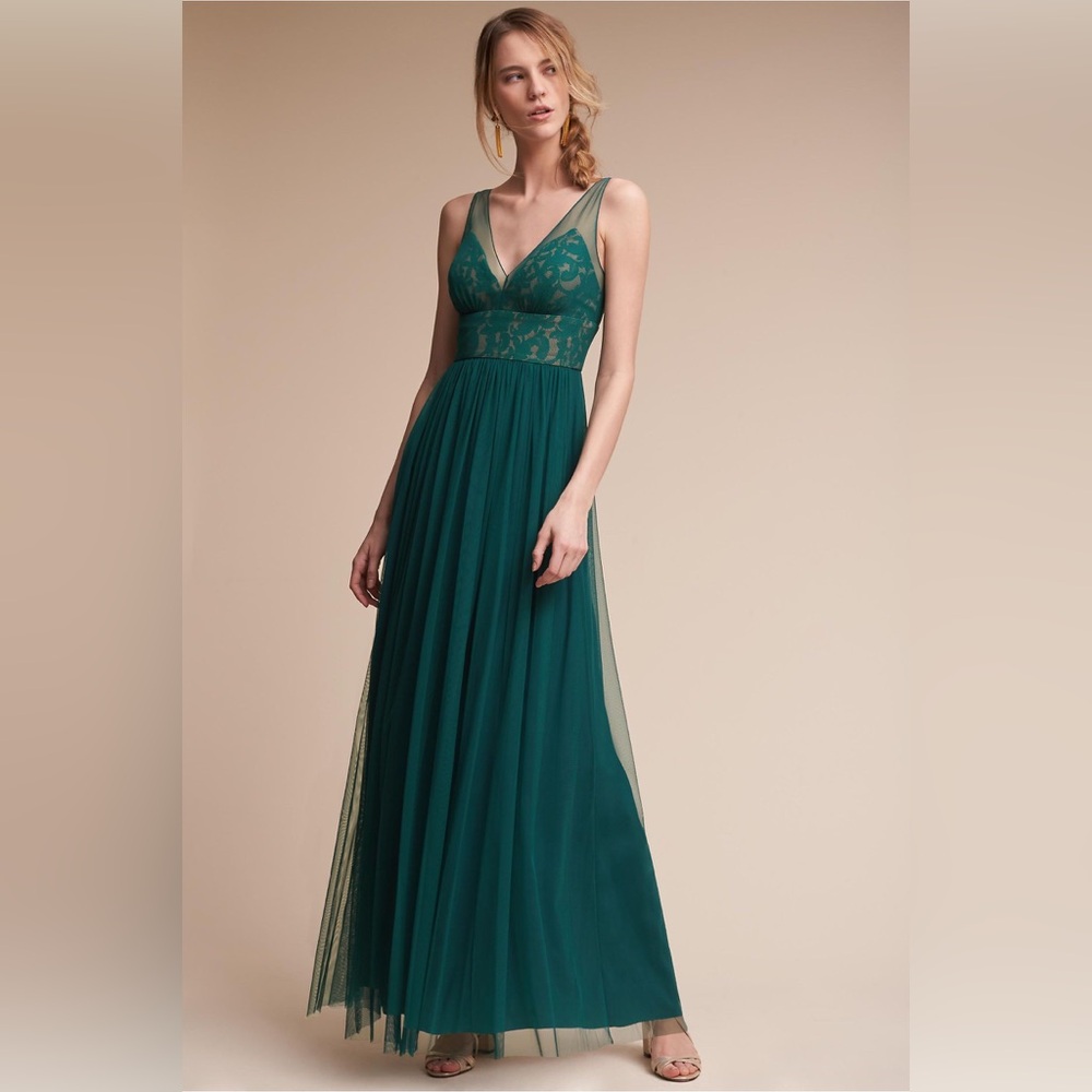 Anthropologie Hitherto Brit Dress Green Emerald Lace Tulle Dress Sz 10